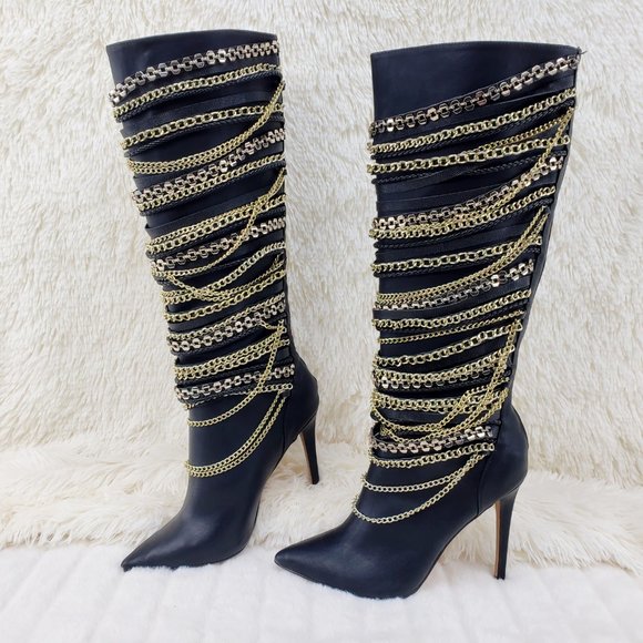 FINAL SALE Black Multiple Gold Chain 4.5" Heel Knee High Boot Last One - Picture 9 of 13